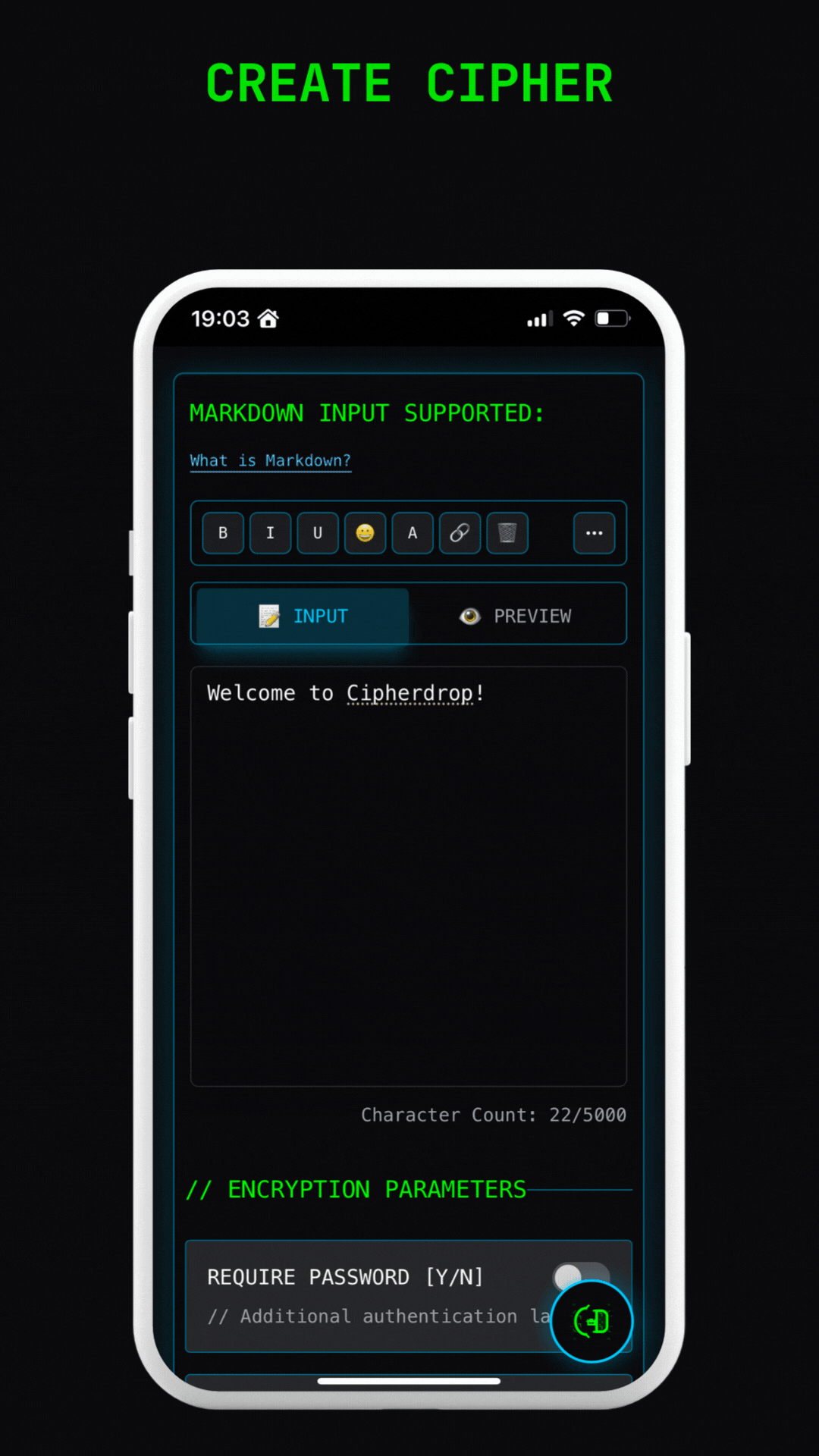 CipherDrop interface demonstration showing how to create and send an encrypted message